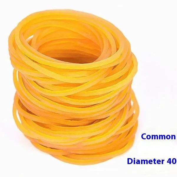 500g pack of yellow rubber bands showing multiple diameters from 16mm to 70mm