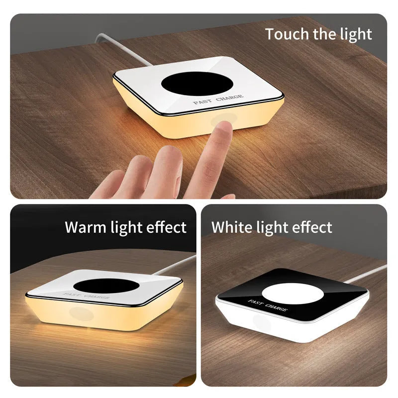 15W wireless phone charger touch controllable bedside lamp black edge white surface silicone