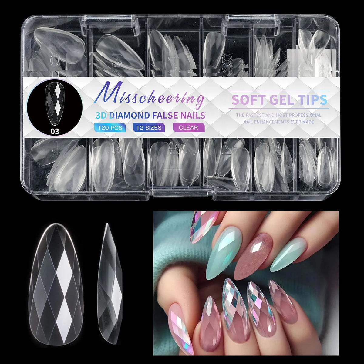 Set of 3D diamond texture long artificial nail tips in various colours from Diamond Nail collections.
