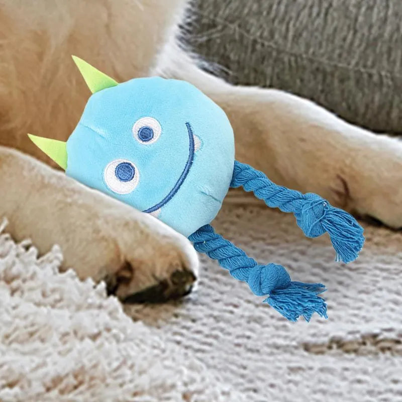 Blue cartoon-shaped dog squeaky toy with knotted cotton rope construction