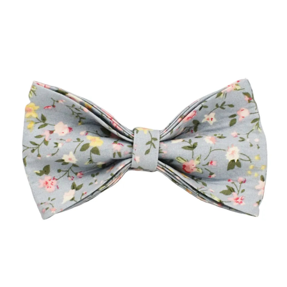 Blue floral polyester cotton dog collar set with matching leash, bow, vest and waste bag holder accessories