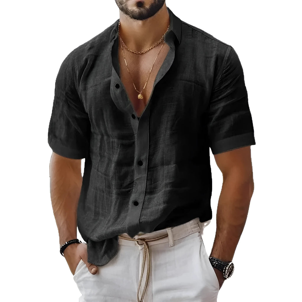 Men's short sleeve lapel shirt in light green, shown in a cardigan style with a casual fit.