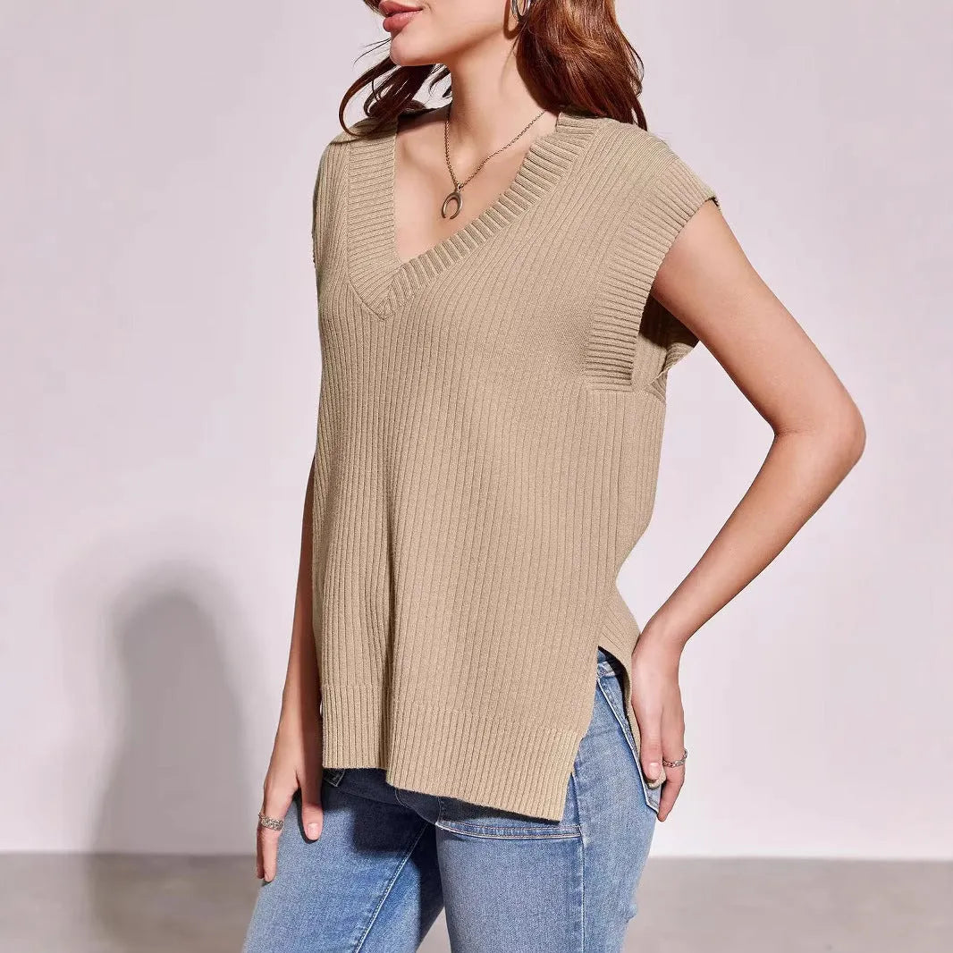 Women's camel and white V-neck sleeveless loose pullover vest with striped or plaid patterns
