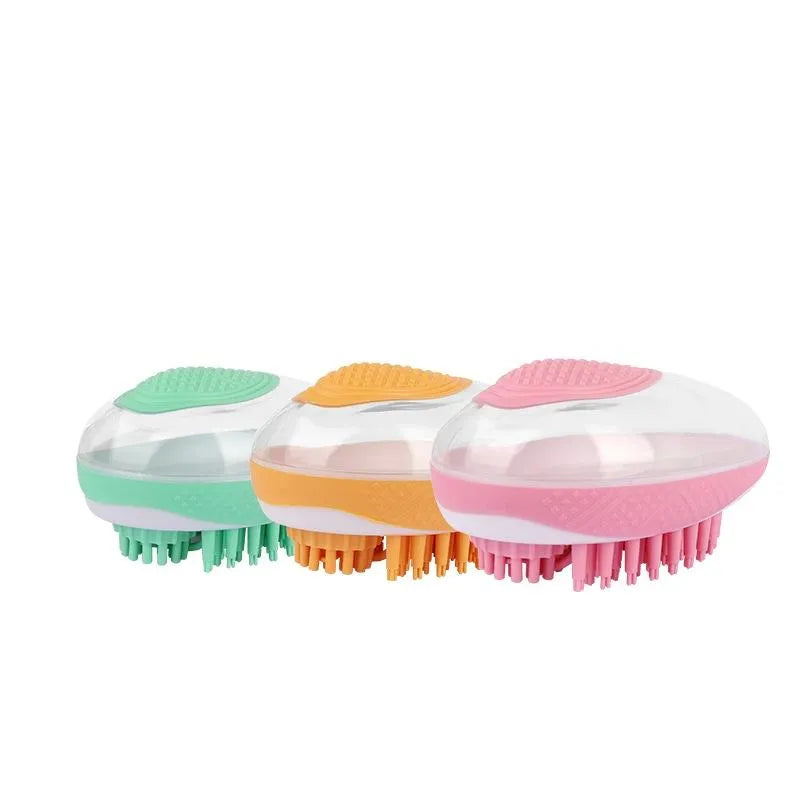 2-in-1 pet bath brush with soft silicone bristles and non-slip grip, in green, for grooming dogs and cats
