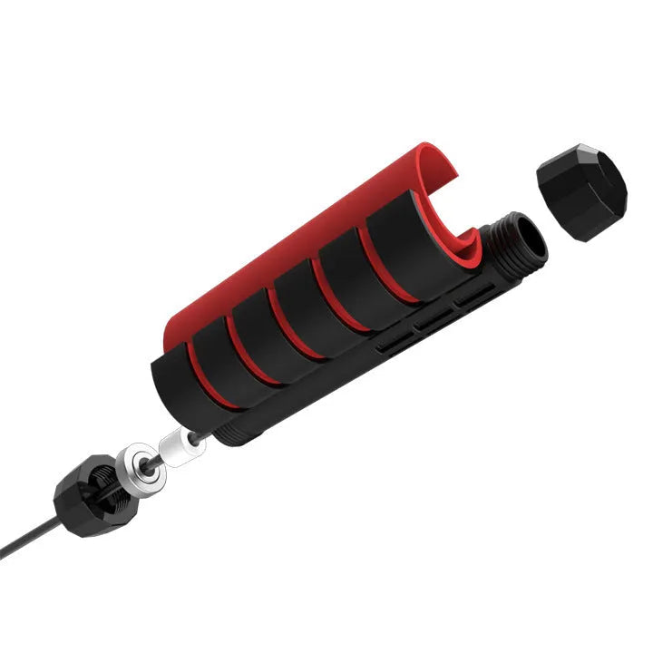 Steel wire jump rope with black PP handle on a dark background for fitness training
