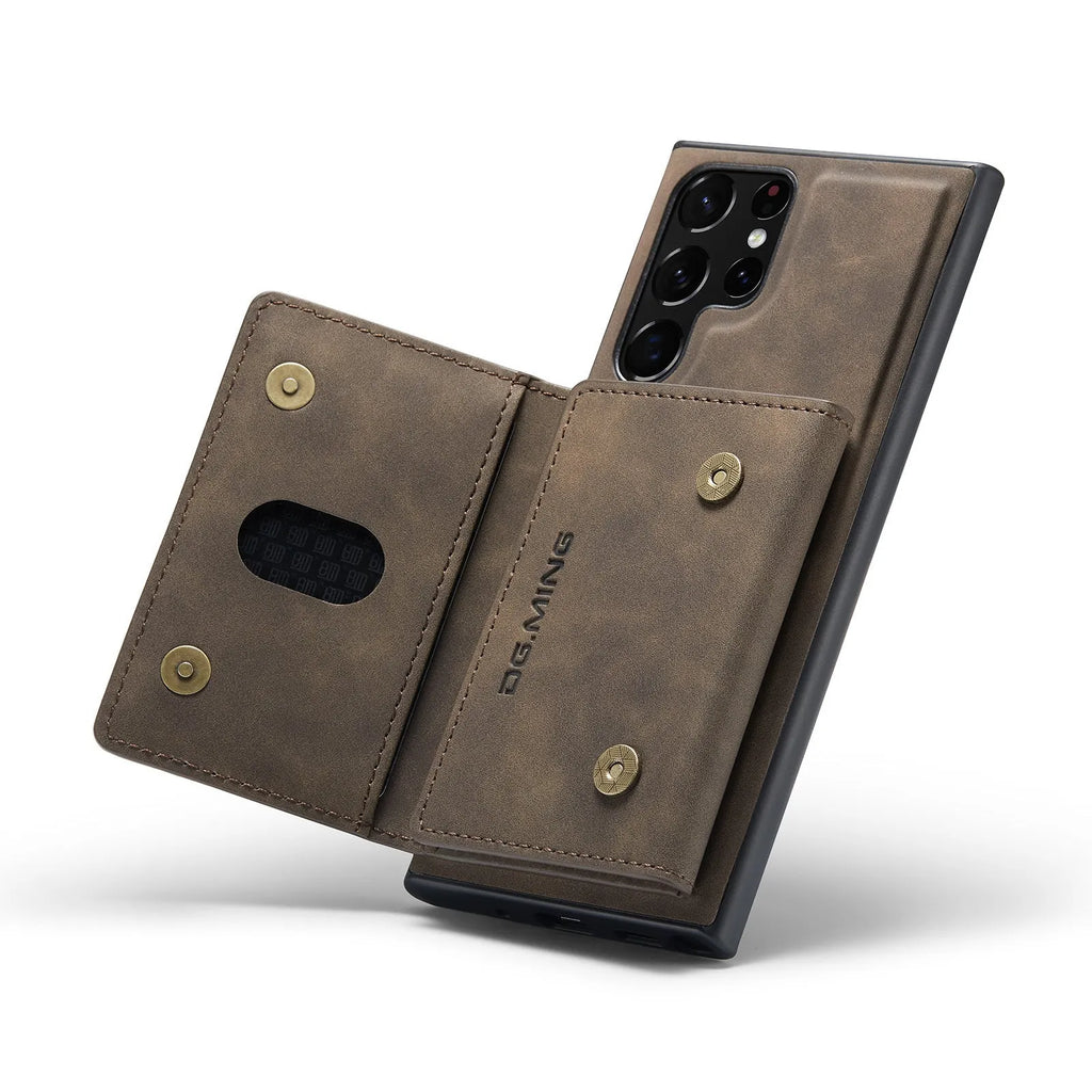 Magnetic card holder 2-in-1 wireless charging case for Samsung, black PU leather, card slot visible.