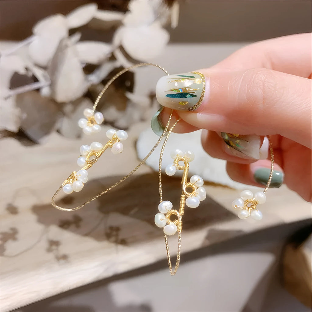 Hand-woven flower pearl earrings for women with geometric design, available in freshwater pearl or artificial pearl
