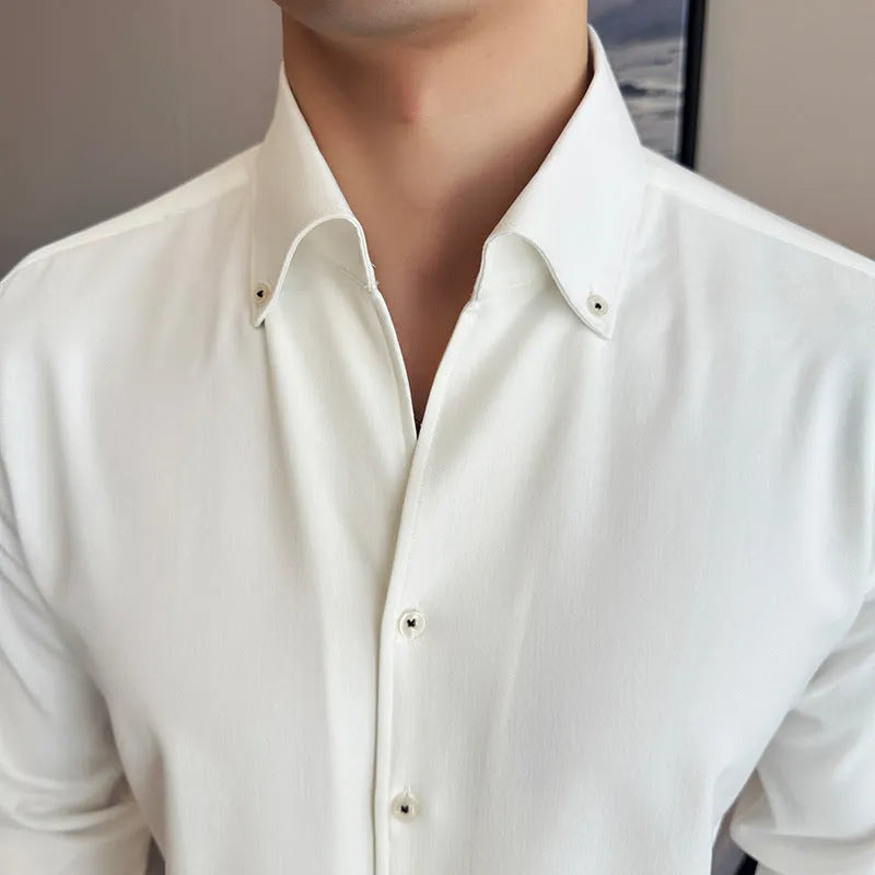 Men's slim-fit long-sleeved denim shirt in blue, black, or white.
