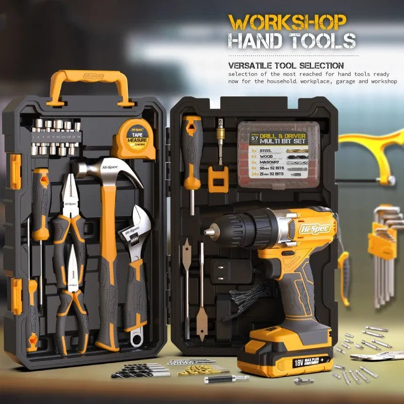 Grey-yellow 82-piece furniture installation tool kit with chrome-vanadium steel tools in protective case