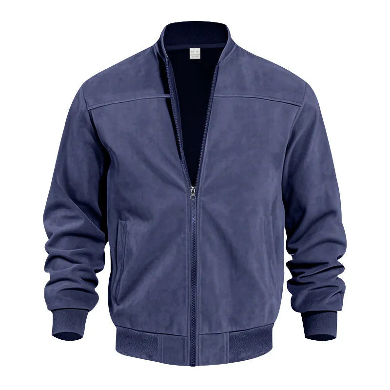 Men's plus size casual suede jacket with a zip and regular sleeves in Army Green colour.