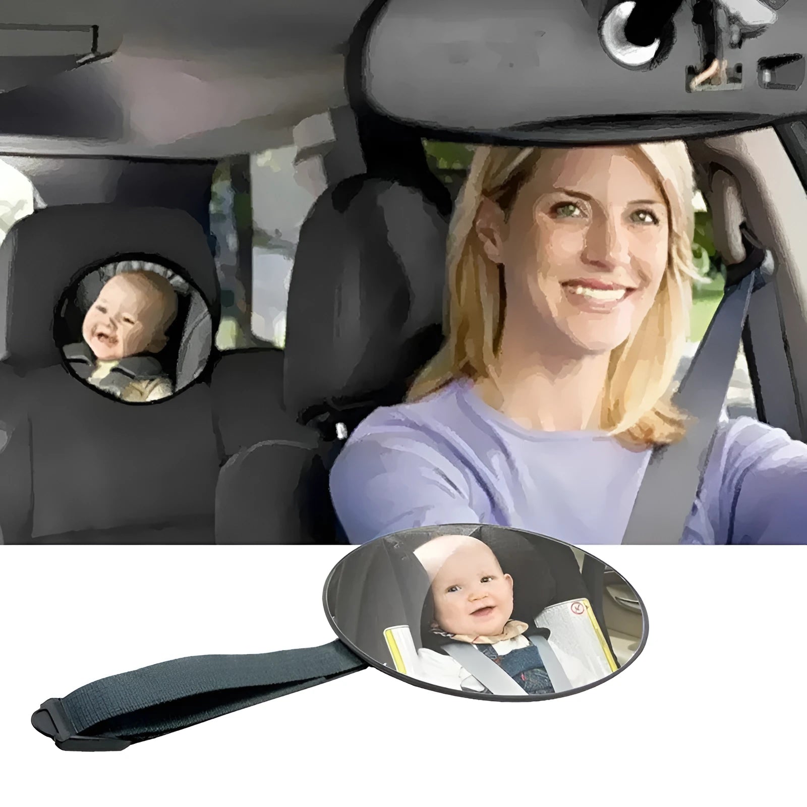 Black ABS baby safety seat rearview mirror mounted on car headrest