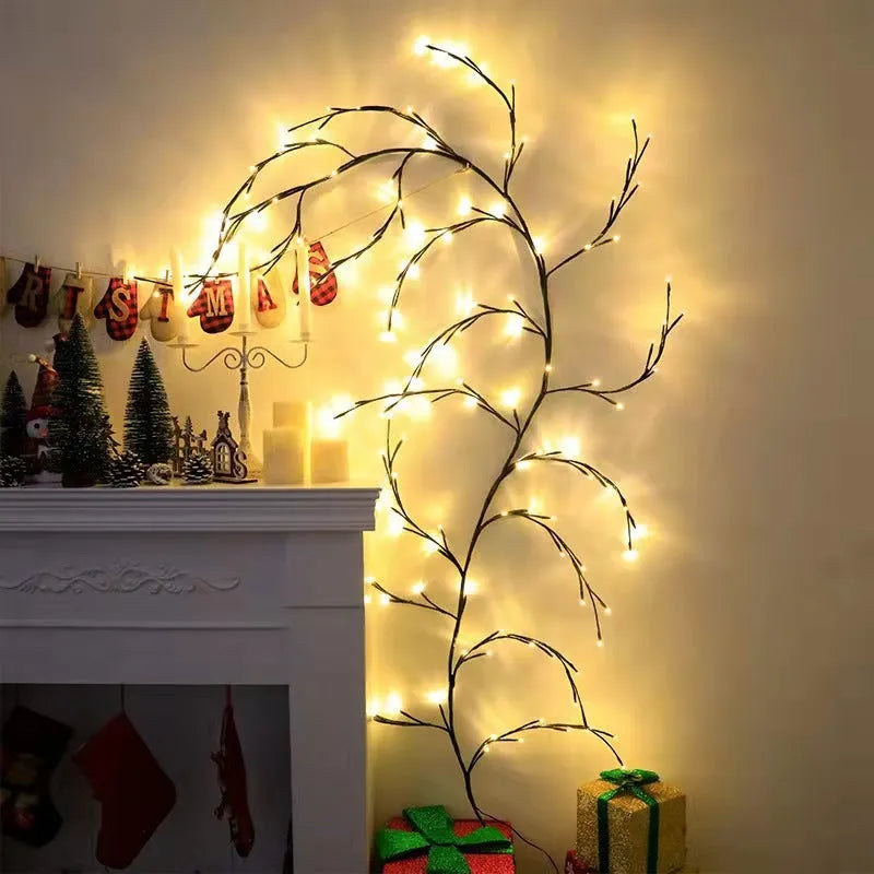 Flexible LED willow vine light garland with birch bark texture and warm white lights