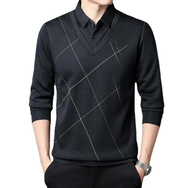 Men's long sleeve fake two pieces plaid T-shirt in gray, regular fit, polyester fibre blend