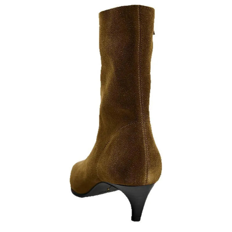 Women's brown square toe mid-calf boots with a side zipper and stiletto kitten heel on a waterproof platform sole