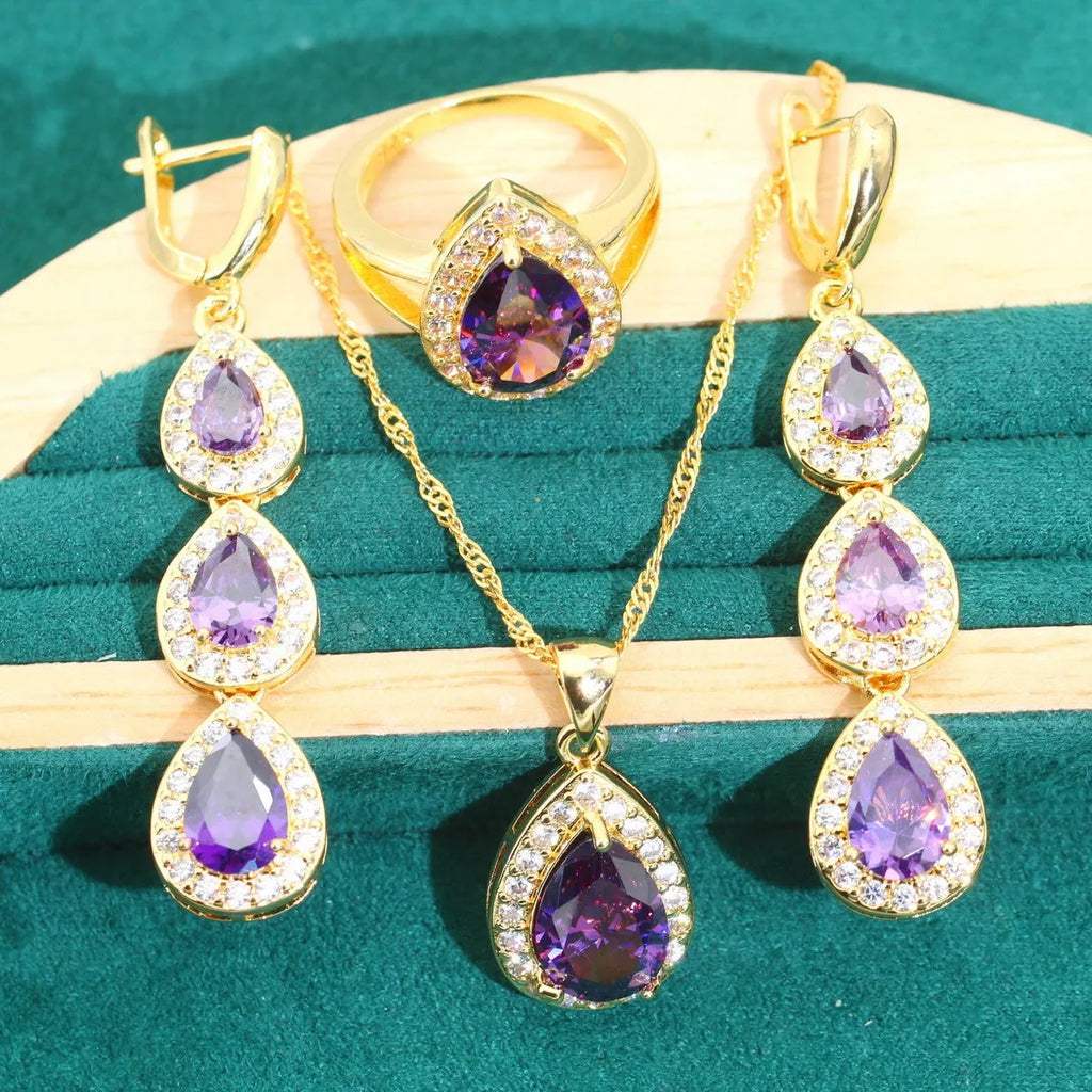 Blue water drop zircon 3-piece jewellery set with copper inlaid zircon, necklace earrings ring, retro auspicious patterns