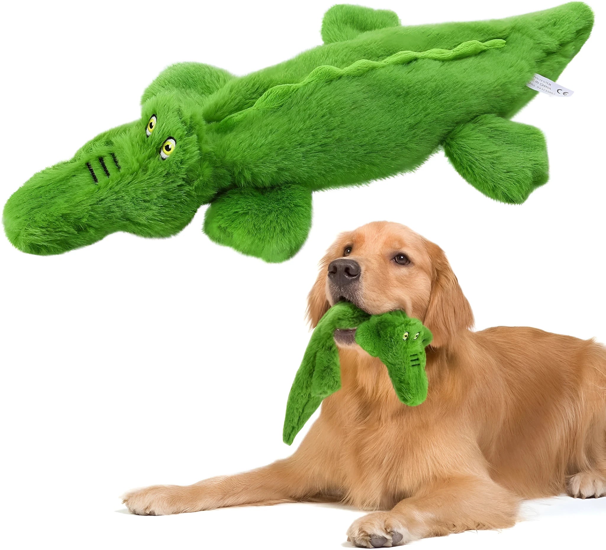 Dark green plush crocodile dog toy with no stuffing, squeaker, and crinkle paper