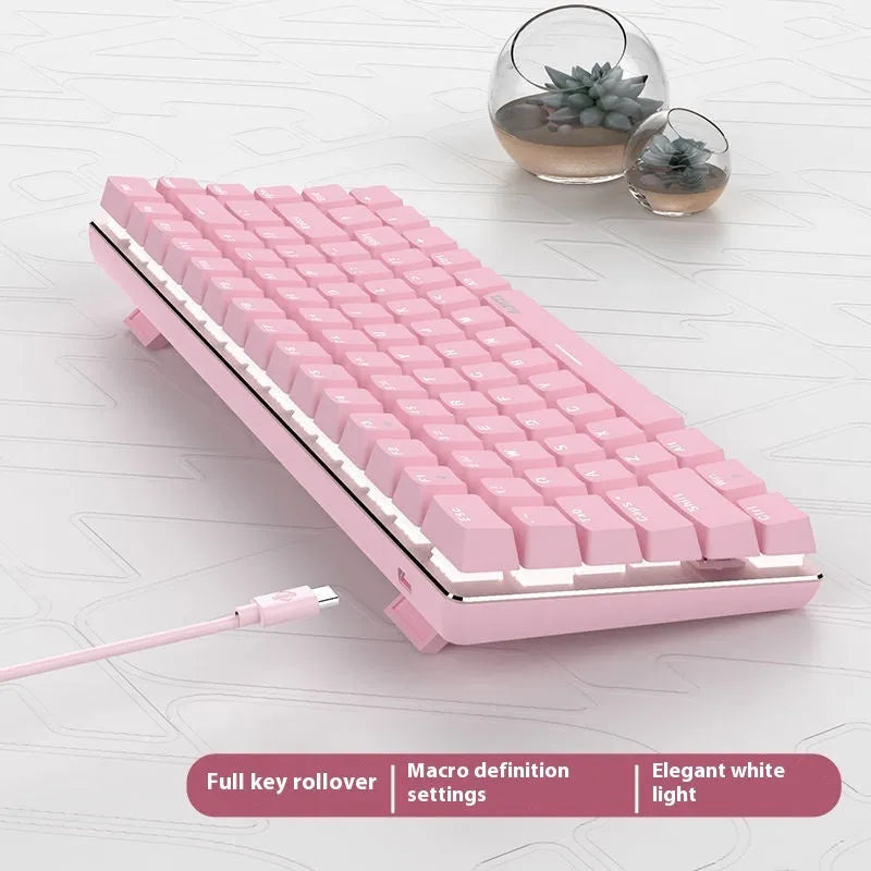 Pink 82-key mechanical gaming keyboard with white backlight and metal construction