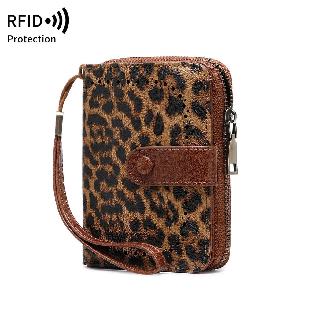 Leopard print PU leather wallet with zip closure and contrast stitching