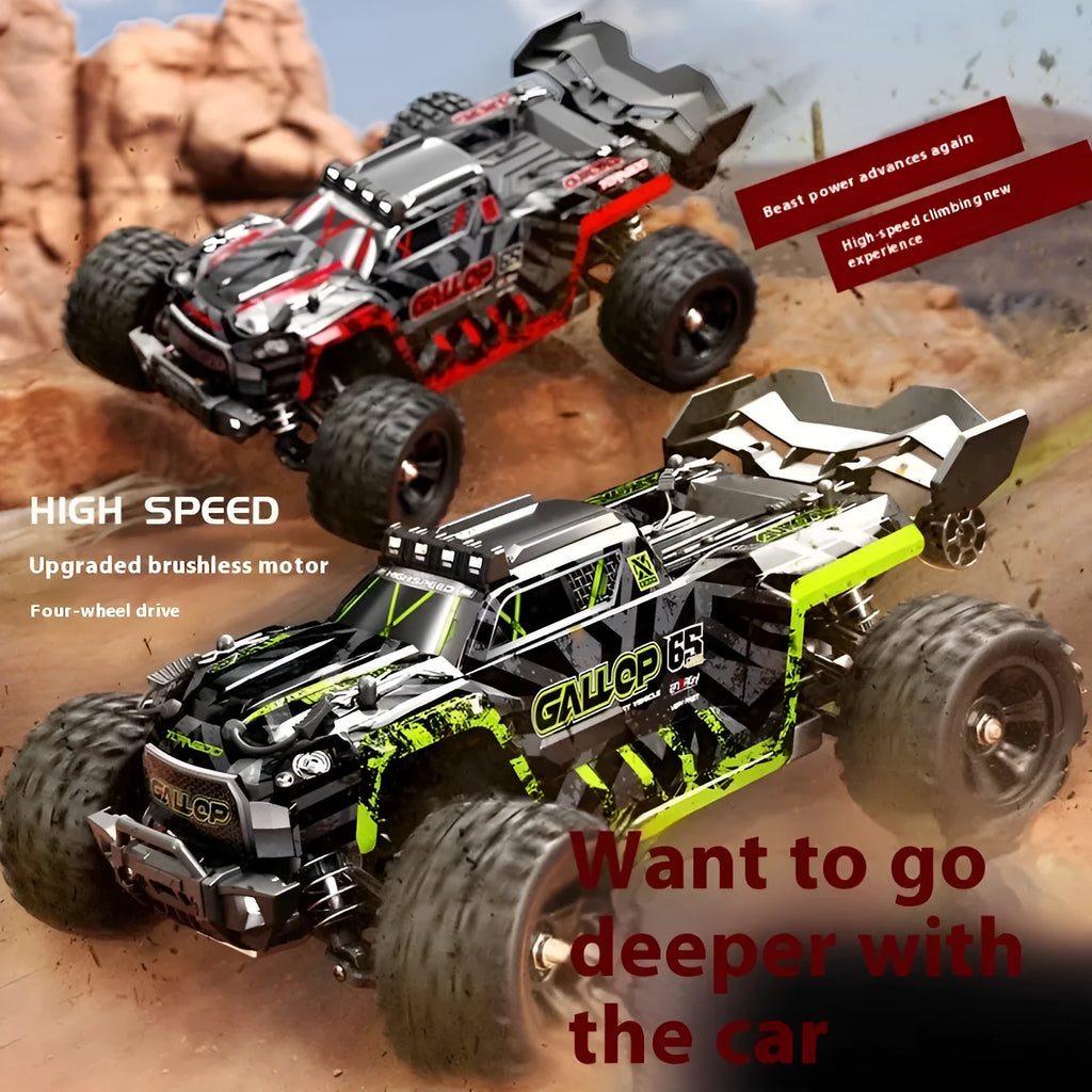Brushless remote control car with four-wheel drive, metal drivetrain, available in green or red colour options