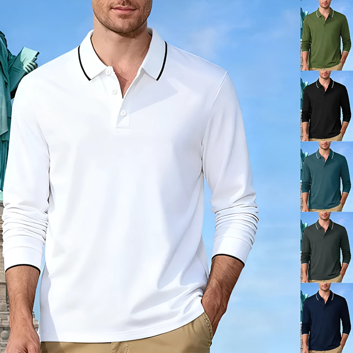 Men's long sleeve jacquard polo shirt, loose fit, solid colour, quick-dry polyester