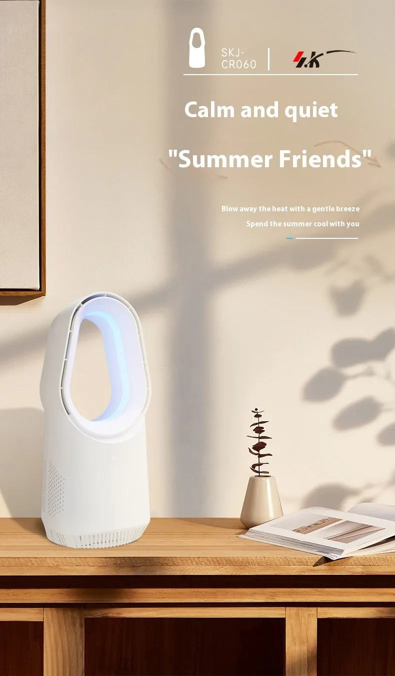 White bladeless tower floor fan with remote control and touch screen display on a wooden floor.