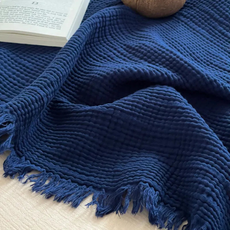 Four-layer cotton tassel blanket in navy blue, 130x170cm, chenille bedding breakdown, European style