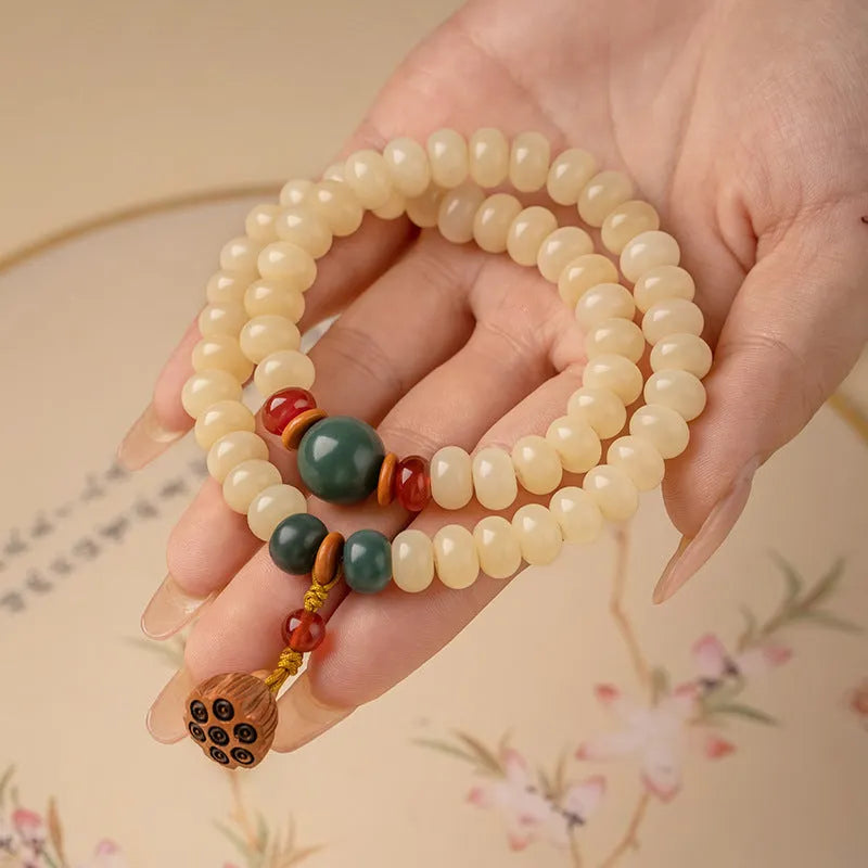 Milk butter Bodhi wooden bracelet with 6x9mm flat round beads and double ring design