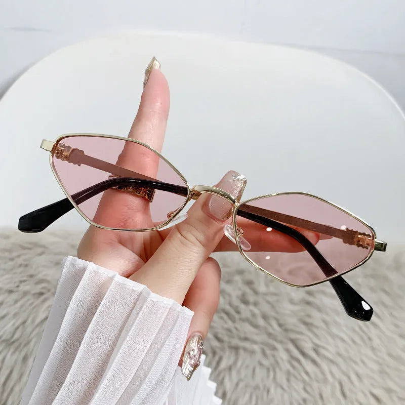 Small frame metal rhombus cat eye sunglasses with gold frame and multiple lens colour options