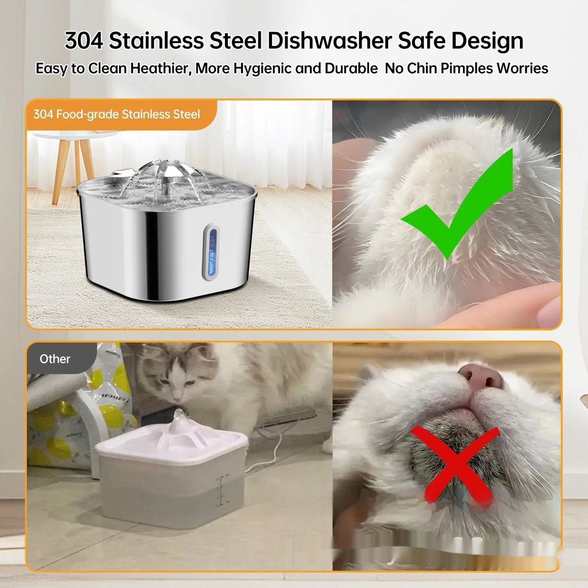 2.2L stainless steel pet water fountain with flower head vertical bar design and window dispenser for dogs and cats.