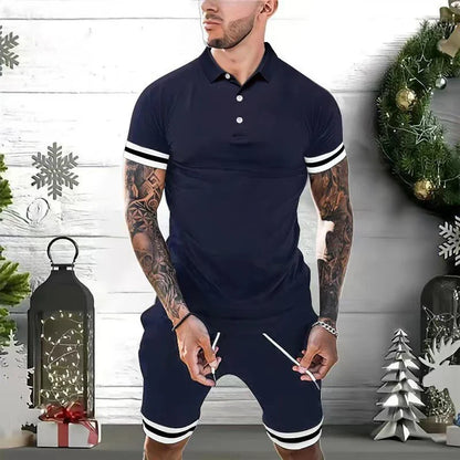 Men's 2-piece casual polo outfit in various colors and sizes, featuring a polo shirt and matching shorts for versatile styling