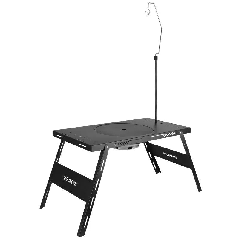 Black steel folding barbecue table with grill for outdoor cooking