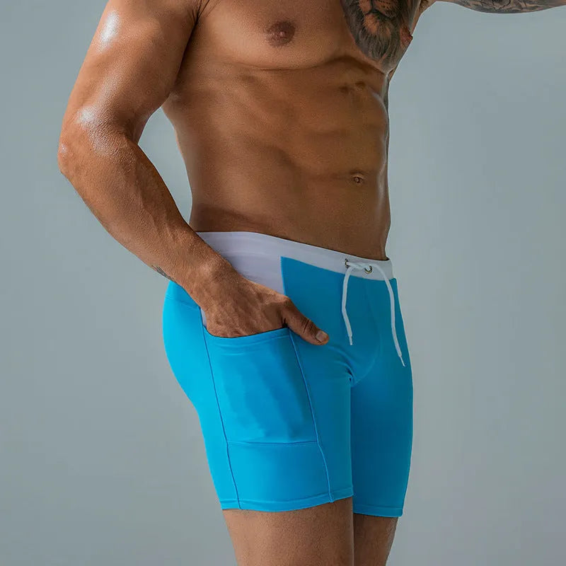 Nylon swimming trunks with side pockets in navy blue, lake blue or dark gray, Asian sizes M to XXL