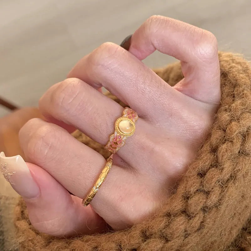 Pink crystal enamel open mouth ring with geometry shape design on copper gold plating