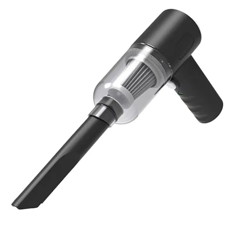 Black handheld car vacuum cleaner with USB charging port showing portable design