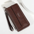 Men's black or brown PU long wallet with multiple card slots measuring 19x10.5x4cm