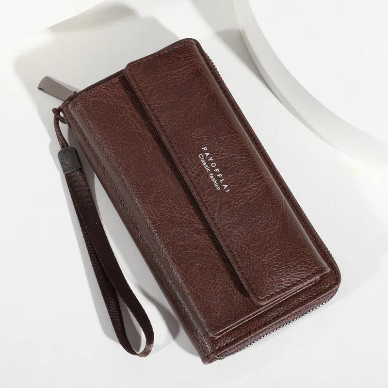 Men's black or brown PU long wallet with multiple card slots measuring 19x10.5x4cm