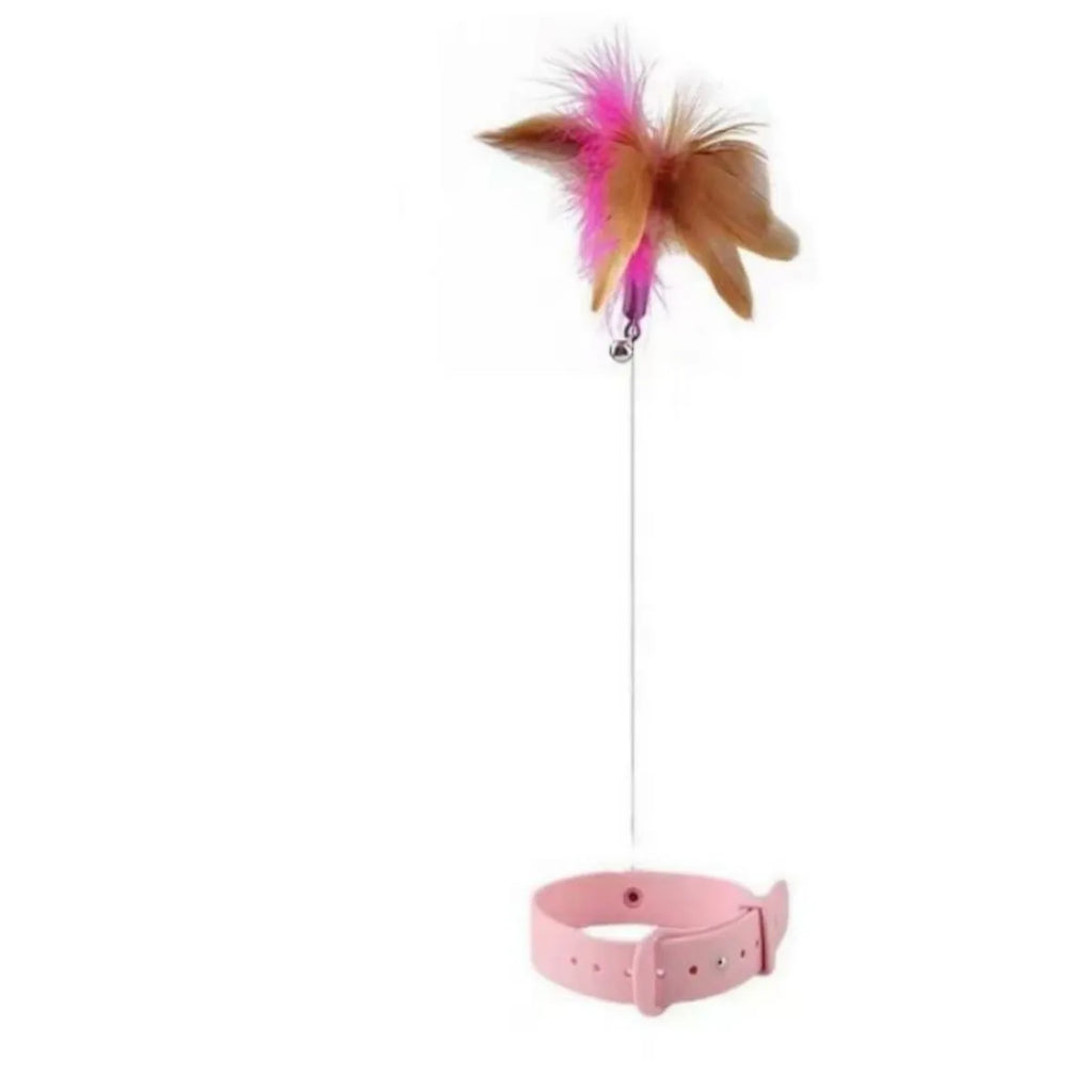 Blue adjustable cat collar with attached silicone teasing wand, feather, and bell for interactive play.