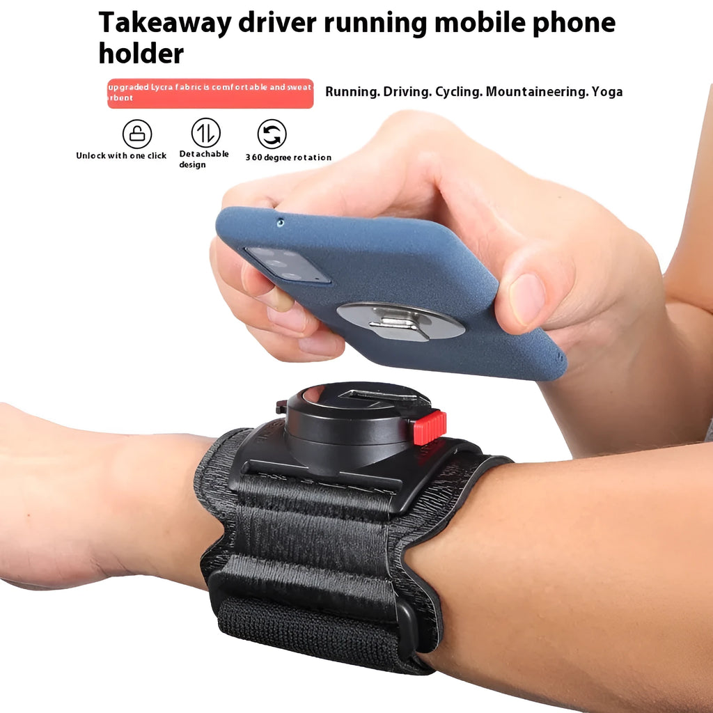 Black mobile phone arm bag with adjustable wrist strap holding smartphone for delivery riding or running