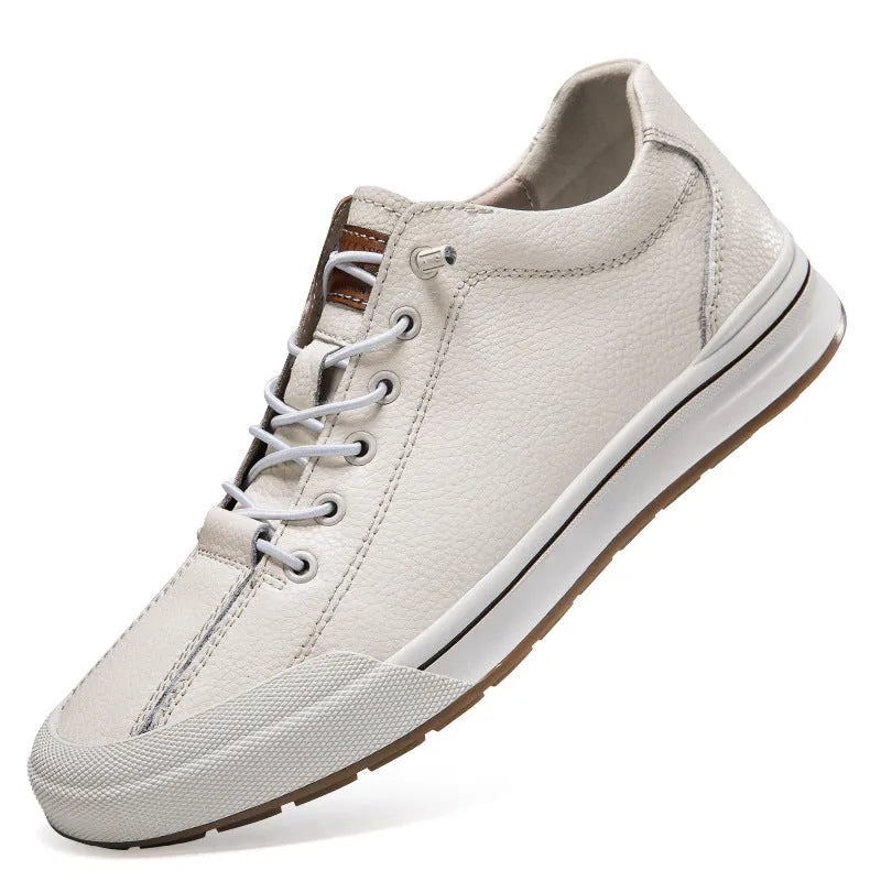Men's white matte leather casual shoes with flat heel and round toe design