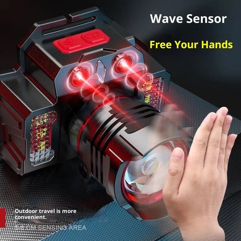 Wave Outdoor Multi-function Induction Headlamp with zoomable spotlight for hiking and camping