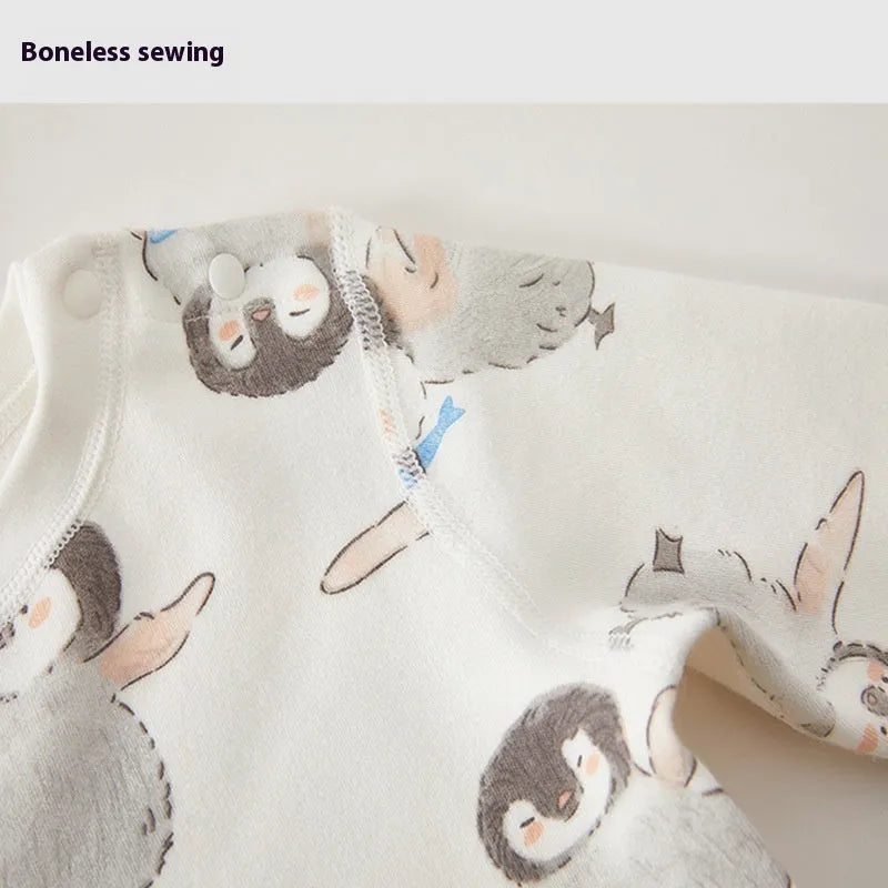 Unisex cotton baby long johns with penguin print, long sleeves and pants, 73-140cm