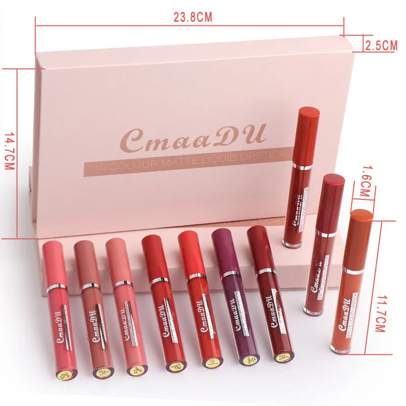 Package containing ten sticks of women's matte non-stick cup lipstick in assorted shades.
