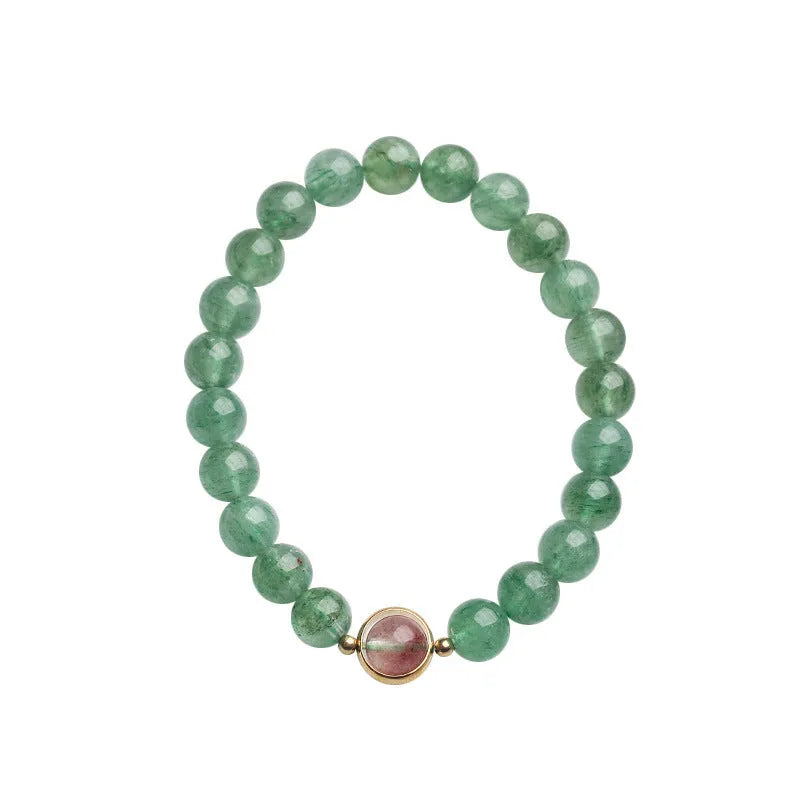 Green strawberry quartz Chinese style bracelet with 7.5mm beads and geometric hand-woven patterns