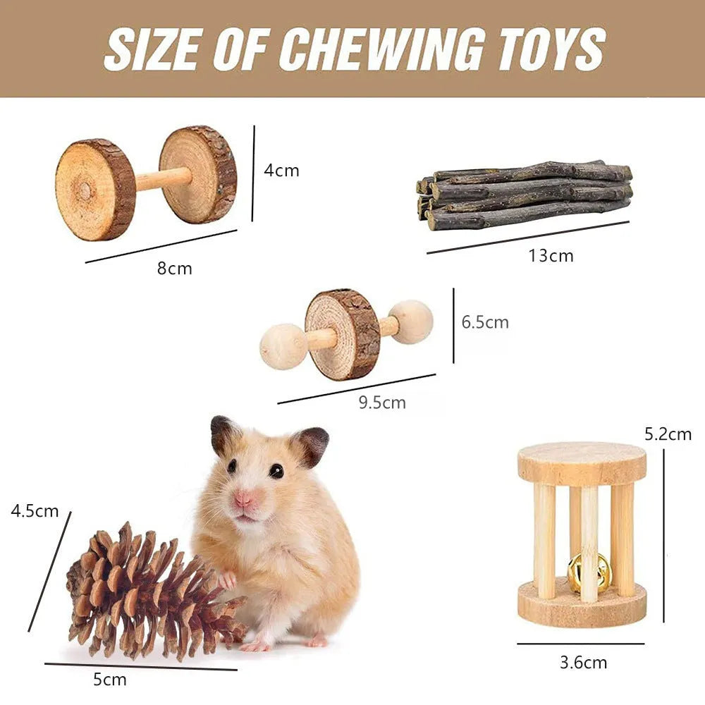 Assortment of natural wooden, straw, and woven toys for small pets including rabbits and parrots.