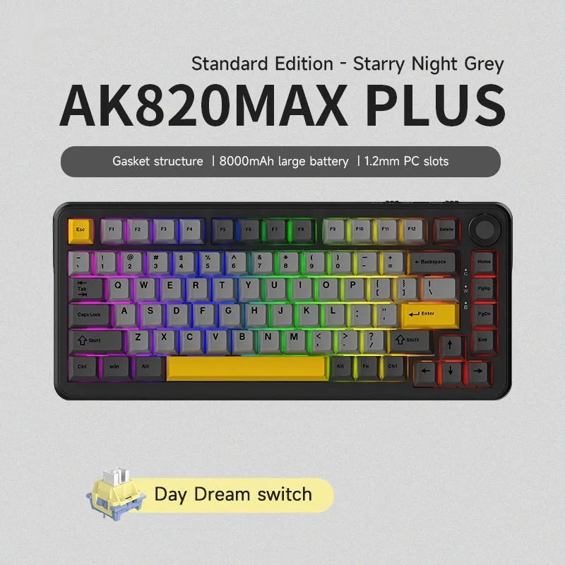 Three-mode wireless mechanical keyboard with black, grey and yellow colour options