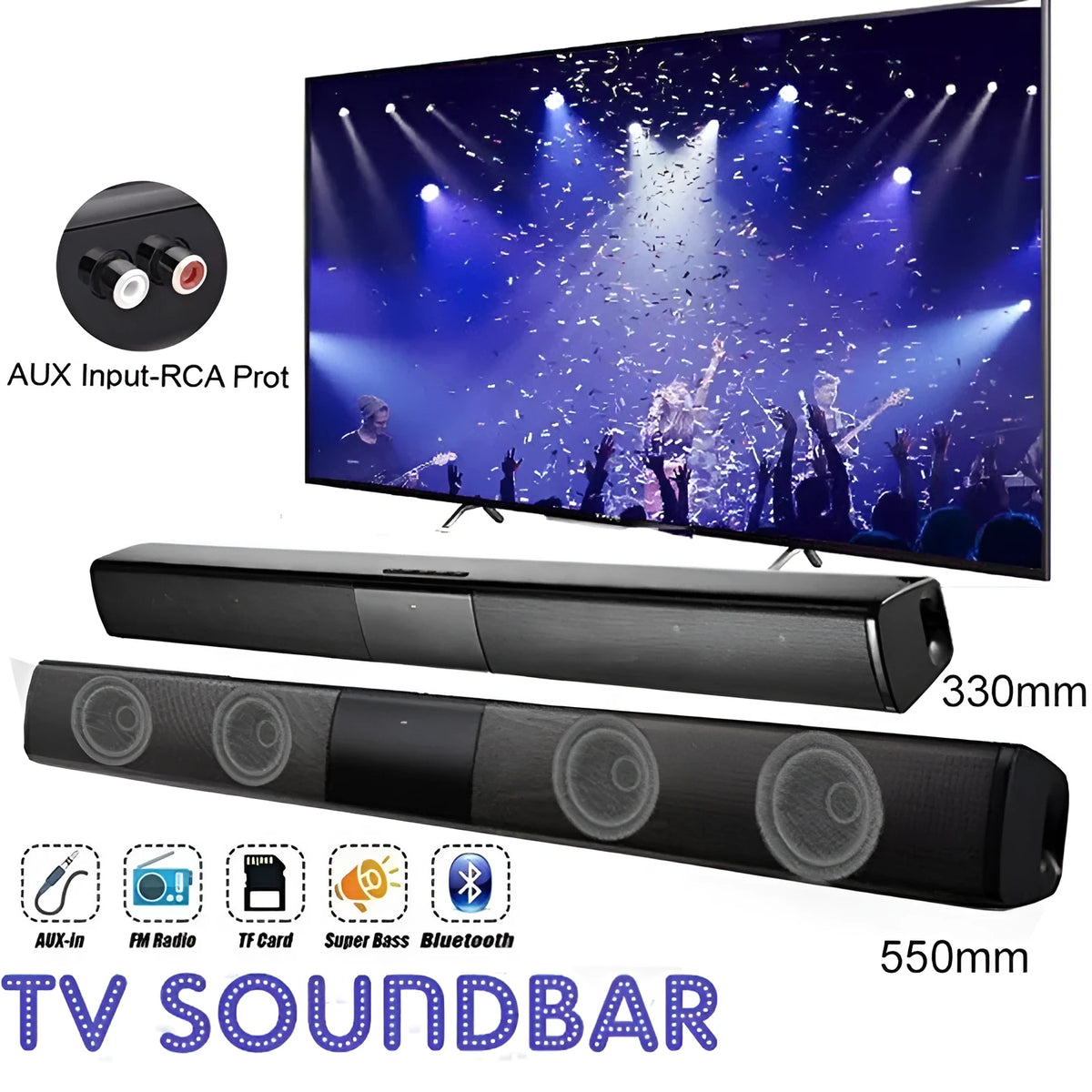 Black Bluetooth home theatre speaker with 550mm BS28B or 330mm BS28A unit, remote, data cable and plug