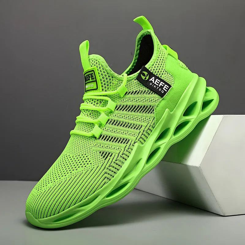 Men's black mesh casual running shoes with cross straps, low-top design, and rounded toe.