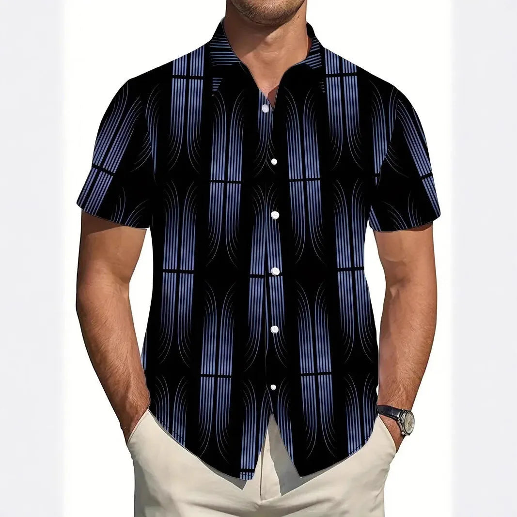 Men's slim-fit geometric line print short sleeve lapel cardigan shirt.
