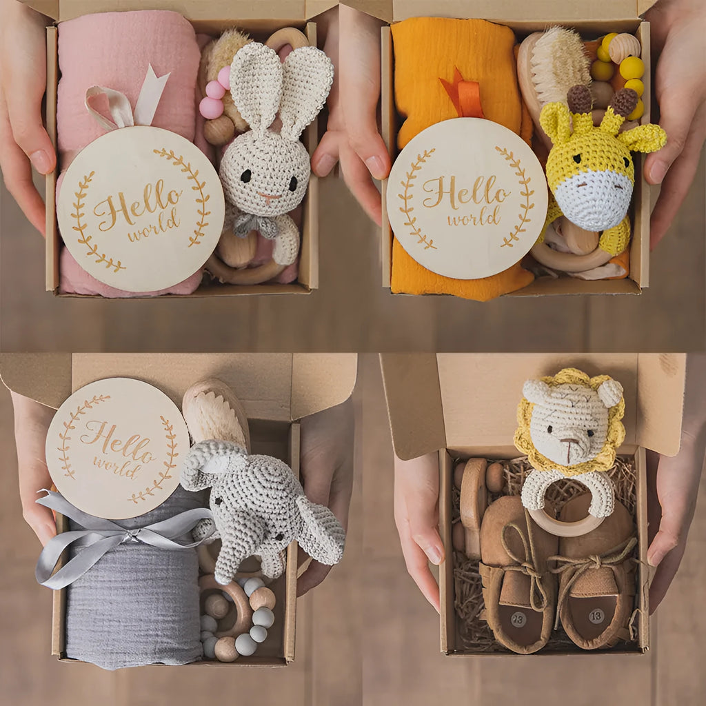 Wooden teether gift box for babies 3 months old with elephant, rabbit, and giraffe design options