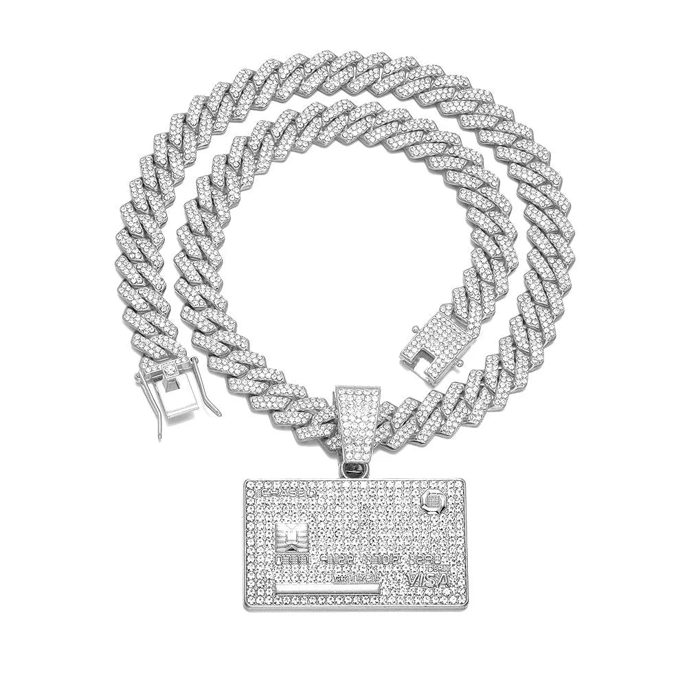 Alloy bank card pendant necklace with 20 inch Cuban chain in silver colour, geometric quadrilateral shape